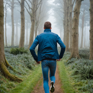 Young man running through a misty woodland
